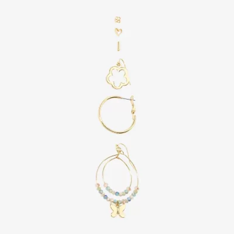 Arizona Gold Tone Stud Huggie & Drop Womens Butterfly Flower 6 Pair Earring Set