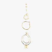 Arizona Gold Tone Stud Huggie & Drop Womens Butterfly Flower 6 Pair Earring Set