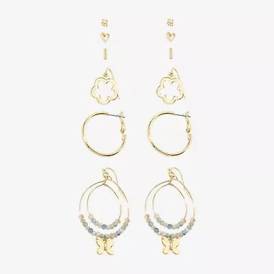 Arizona Gold Tone Stud Huggie & Drop Womens Butterfly Flower 6 Pair Earring Set