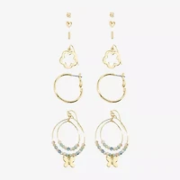 Arizona Gold Tone Stud Huggie & Drop Womens Butterfly Flower 6 Pair Earring Set