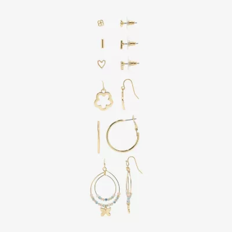 Arizona Gold Tone Stud Huggie & Drop Womens Butterfly Flower 6 Pair Earring Set