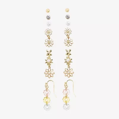 Arizona Gold Tone Stud & Drop Womens Flower 6 Pair Earring Set