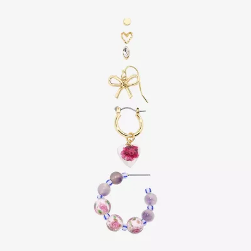 Arizona Gold Tone Stud Huggie & Drop Womens Bow Flower Heart 6 Pair Earring Set