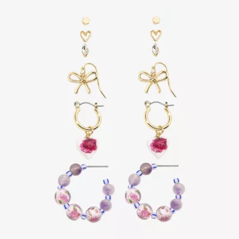Arizona Gold Tone Stud Huggie & Drop Womens Bow Flower Heart 6 Pair Earring Set