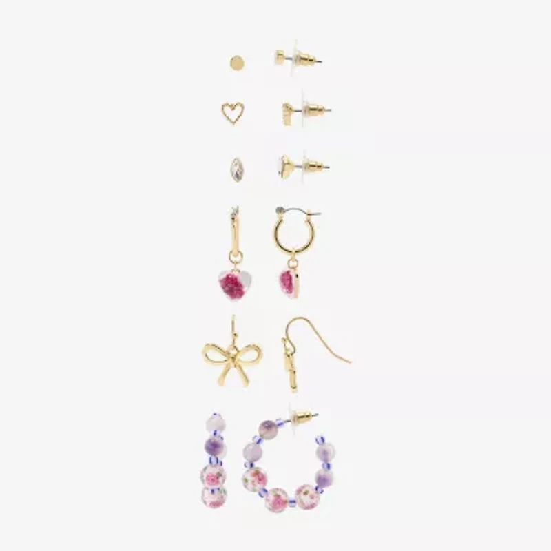 Arizona Gold Tone Stud Huggie & Drop Womens Bow Flower Heart 6 Pair Earring Set