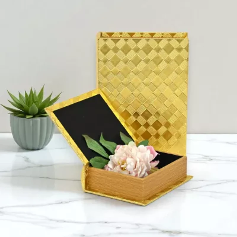 Cheungs Gold Vinyl Diamond Checkered Pattern Book Box Set 2-pc. Decorative Box