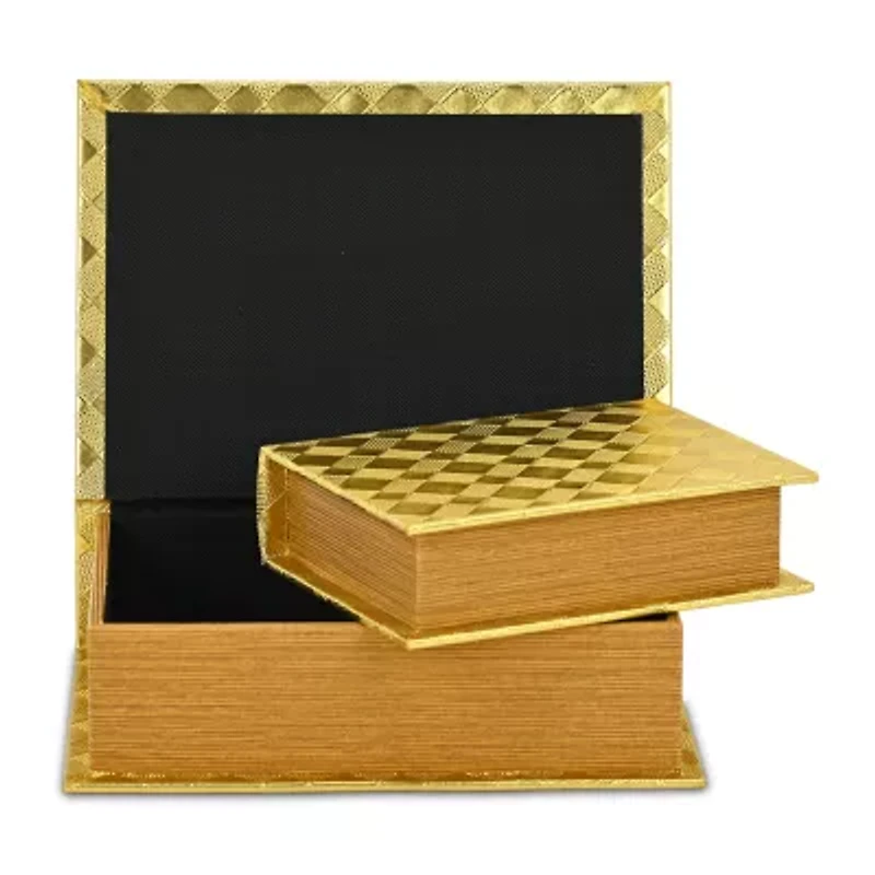 Cheungs Gold Vinyl Diamond Checkered Pattern Book Box Set 2-pc. Decorative Box