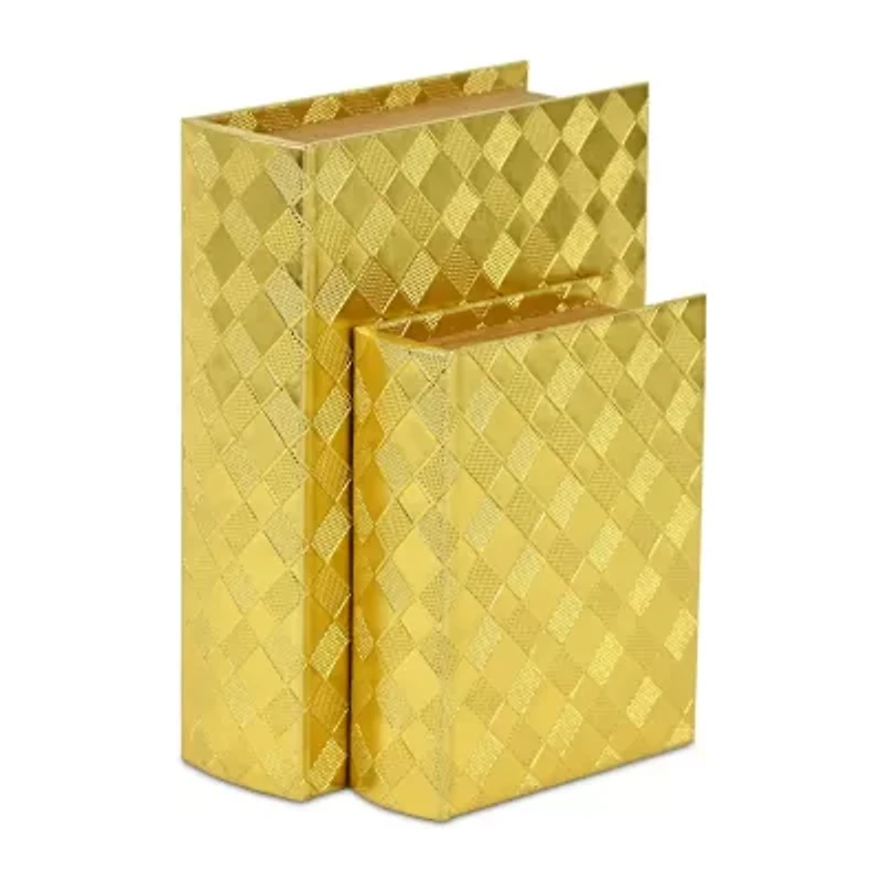 Cheungs Gold Vinyl Diamond Checkered Pattern Book Box Set 2-pc. Decorative Box