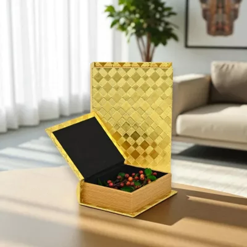 Cheungs Gold Vinyl Diamond Checkered Pattern Book Box Set 2-pc. Decorative Box