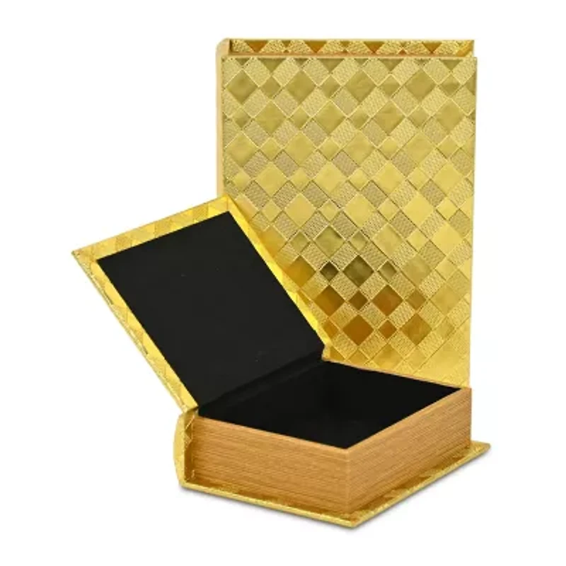 Cheungs Gold Vinyl Diamond Checkered Pattern Book Box Set 2-pc. Decorative Box