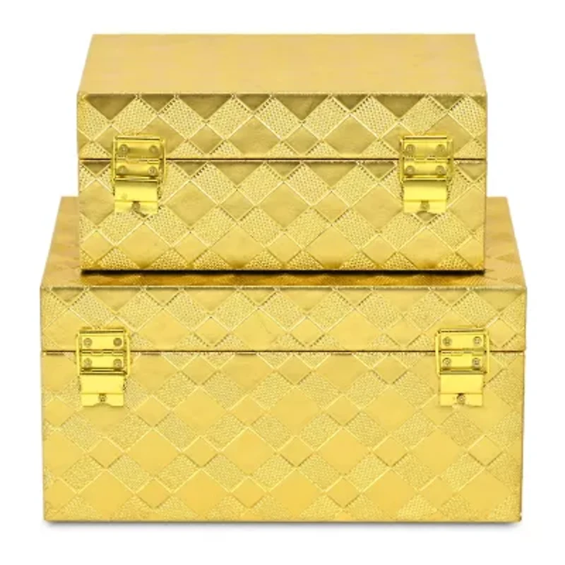 Cheungs Gold Vinyl Diamond Checkered Pattern Box Set Jewelry Organizer