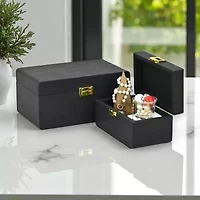 Cheungs Black Rounded Shagreen Vinyl Box Set With Gold Handles Black Jewelry Organizer