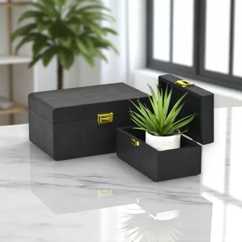 Cheungs Black Rounded Shagreen Vinyl Box Set With Gold Handles Black Jewelry Organizer