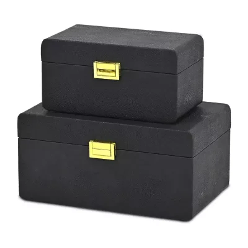 Cheungs Black Rounded Shagreen Vinyl Box Set With Gold Handles Black Jewelry Organizer
