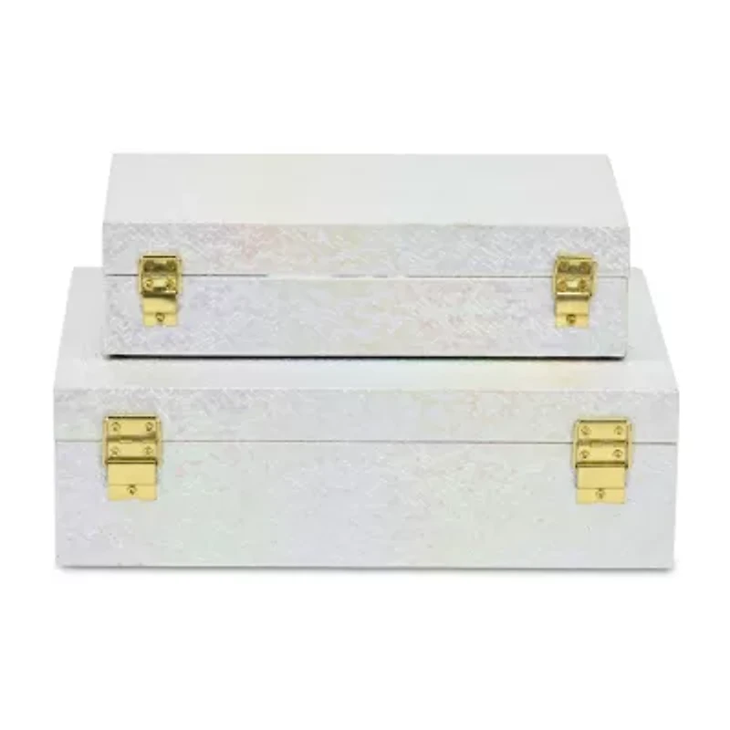 Cheungs White Seascale Pattern Iridescent Box Set With Gold Hardware White Jewelry Organizer