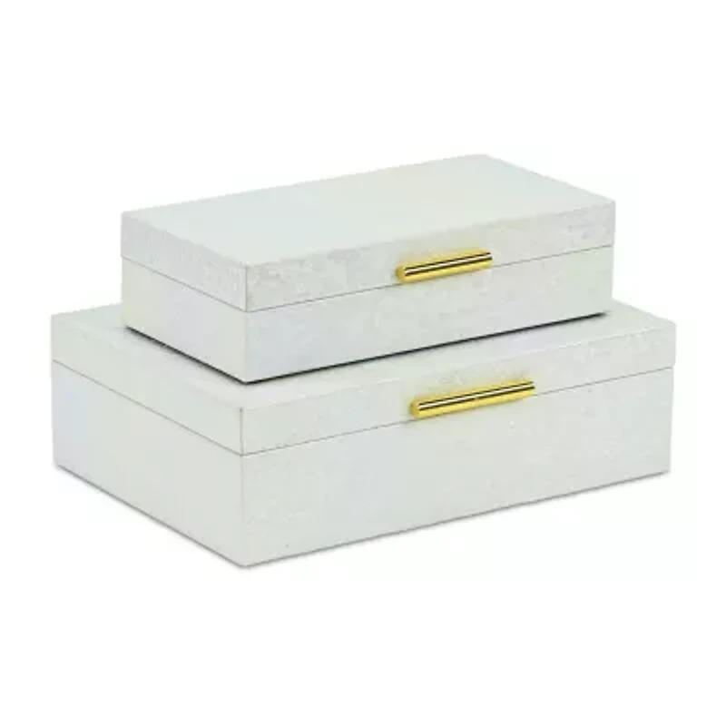 Cheungs White Seascale Pattern Iridescent Box Set With Gold Hardware White Jewelry Organizer