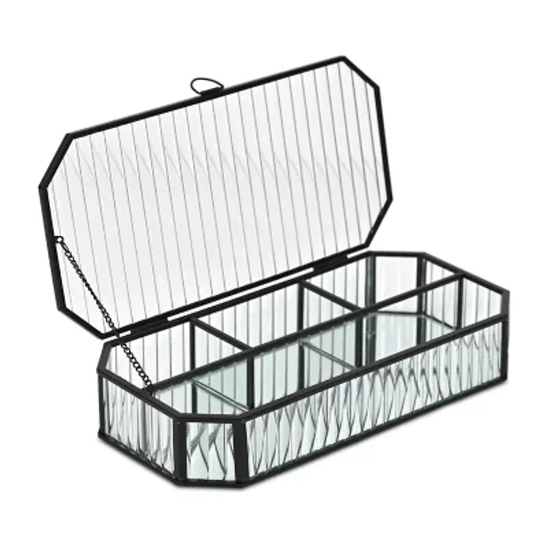 Cheungs Fluted Glass Mirrored Box With Four Compartments Jewelry Organizer