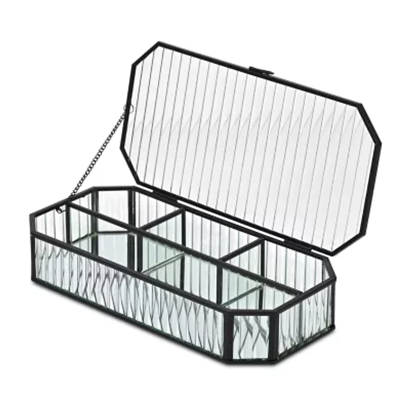 Cheungs Fluted Glass Mirrored Box With Four Compartments Jewelry Organizer