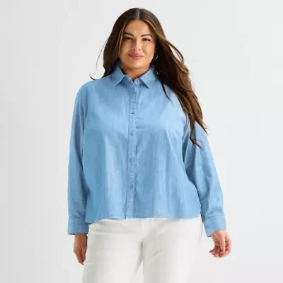 Liz Claiborne Womens Plus Fitted Long Sleeve Button-Down Shirt