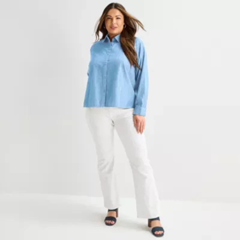 Liz Claiborne Womens Plus Fitted Long Sleeve Button-Down Shirt
