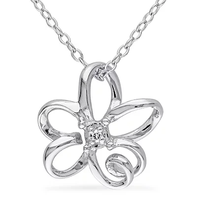 Womens Diamond Accent Natural White Diamond Sterling Silver Flower 18 Inch Pendant Necklace