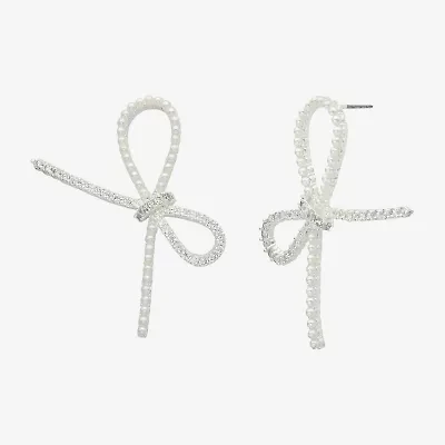 Sparkle Allure Cubic Zirconia Simulated Pearl 25.5mm Bow Stud Earrings
