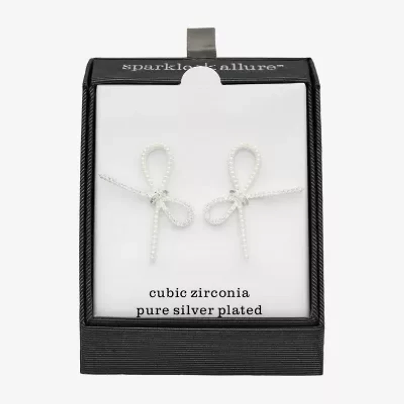 Sparkle Allure Cubic Zirconia Simulated Pearl 25.5mm Bow Stud Earrings