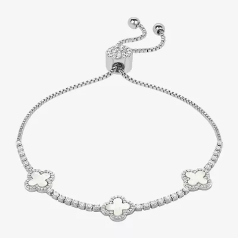 Sparkle Allure Womens White Cubic Zirconia Clover Bolo Bracelet