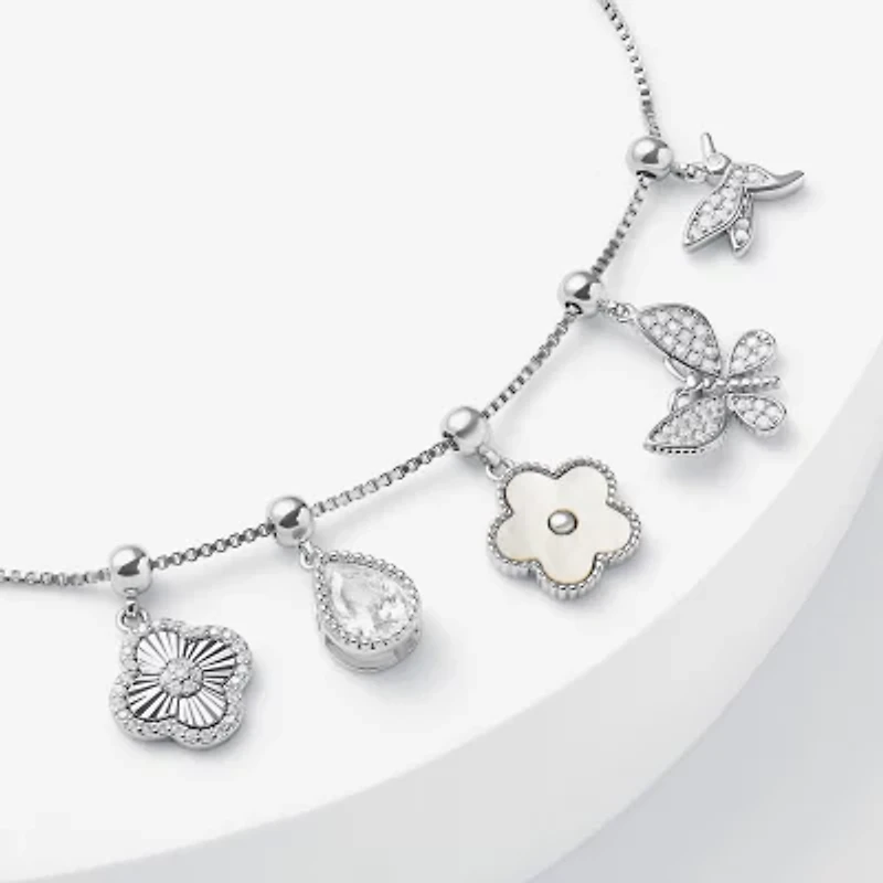 Sparkle Allure Womens White Cubic Zirconia Pure Silver Over Brass Flower Charm Bracelet