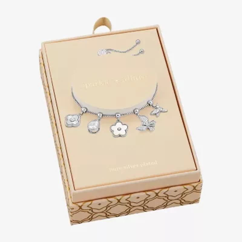 Sparkle Allure Womens White Cubic Zirconia Pure Silver Over Brass Flower Charm Bracelet
