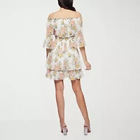Premier Amour Off The Shoulder Womens 3/4 Sleeve Floral Fit + Flare Dress