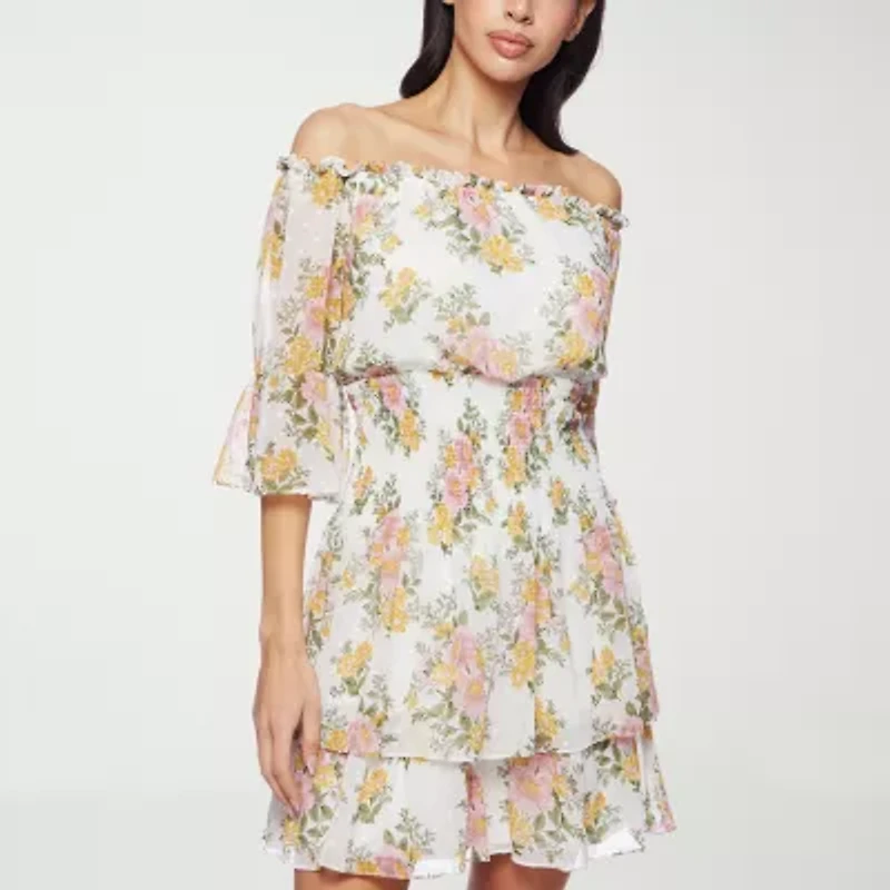 Premier Amour Off The Shoulder Womens 3/4 Sleeve Floral Fit + Flare Dress