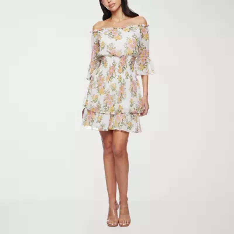 Premier Amour Off The Shoulder Womens 3/4 Sleeve Floral Fit + Flare Dress