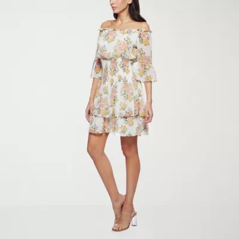 Premier Amour Off The Shoulder Womens 3/4 Sleeve Floral Fit + Flare Dress