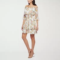 Premier Amour Off The Shoulder Womens 3/4 Sleeve Floral Fit + Flare Dress