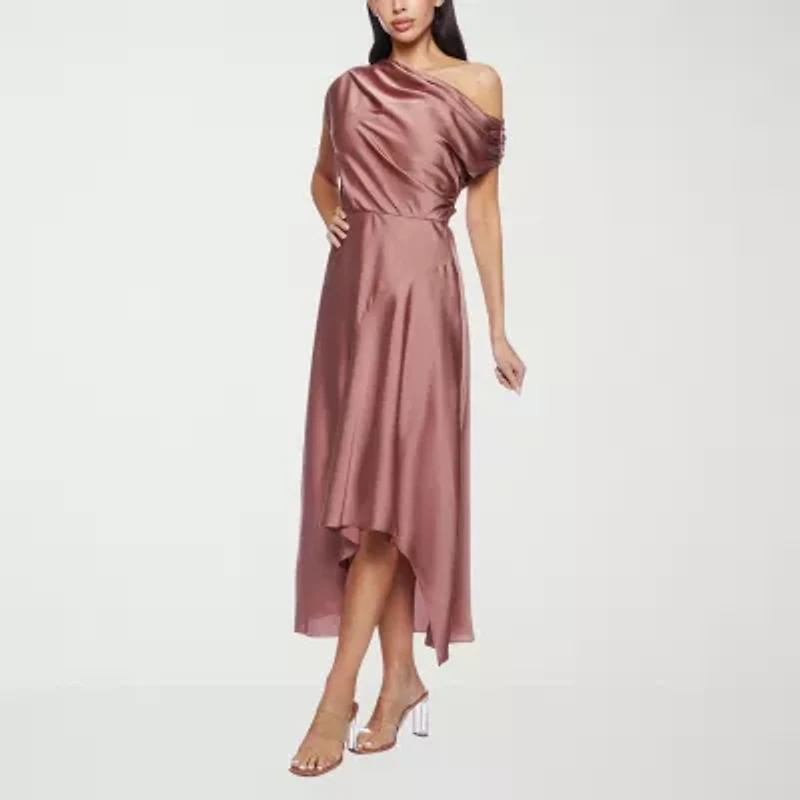 Premier Amour One Shoulder Womens Short Sleeve Midi Fit + Flare Dress
