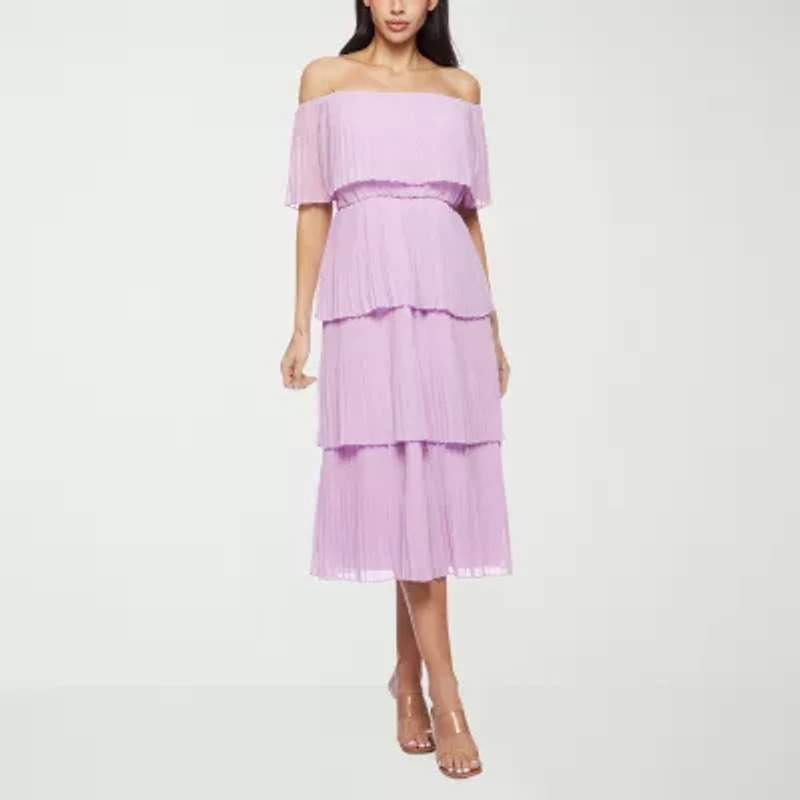 Premier Amour Off The Shoulder Womens Short Sleeve Midi Shift Dress