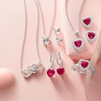 Yes, Please! Womens Lab Created Red Ruby Sterling Silver Heart Halo Side Stone Cocktail Ring