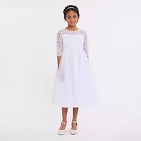 Bonnie Jean Big Kid Girls Communion 3/4 Sleeve Lace Flower Girl Fit + Flare Dress