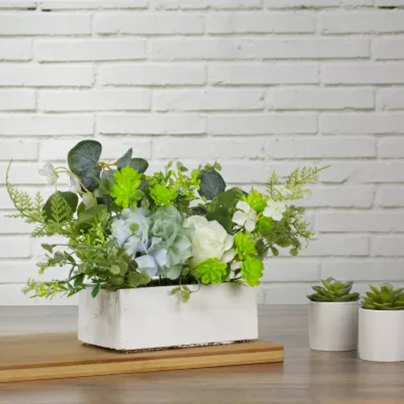 Northlight 14in Blue And White Hydrangea And Rose Floral Arrangement