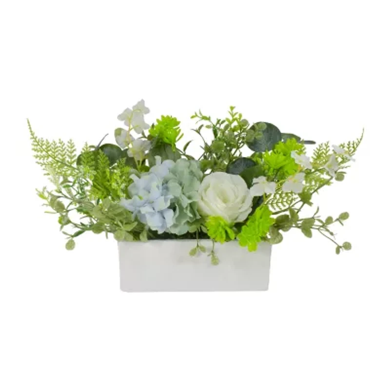 Northlight 14in Blue And White Hydrangea And Rose Floral Arrangement