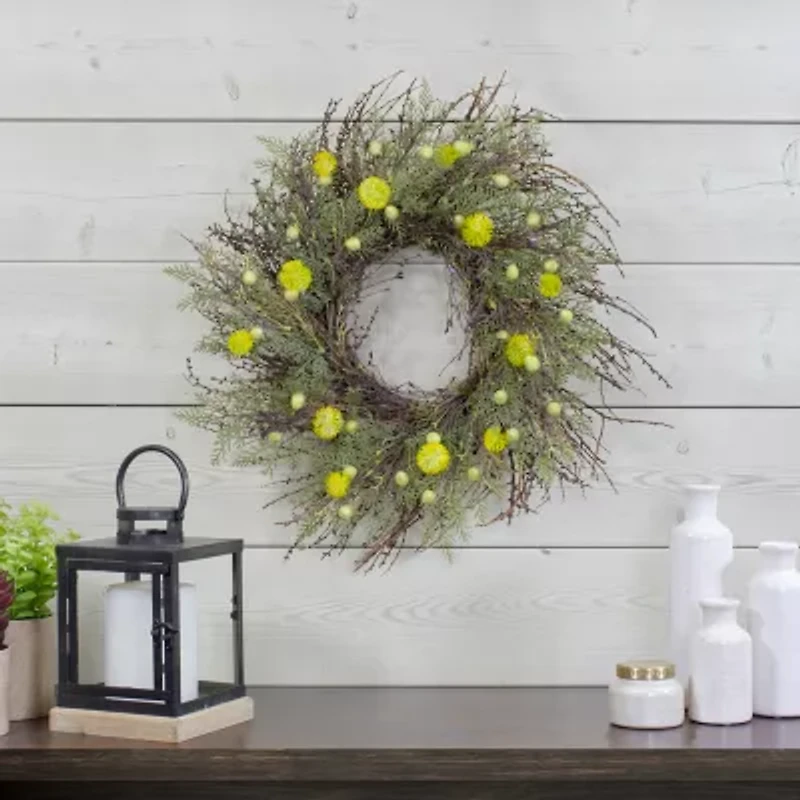 Northlight 20in Burrs And Craspedia Twig Yellow And Green Wreath