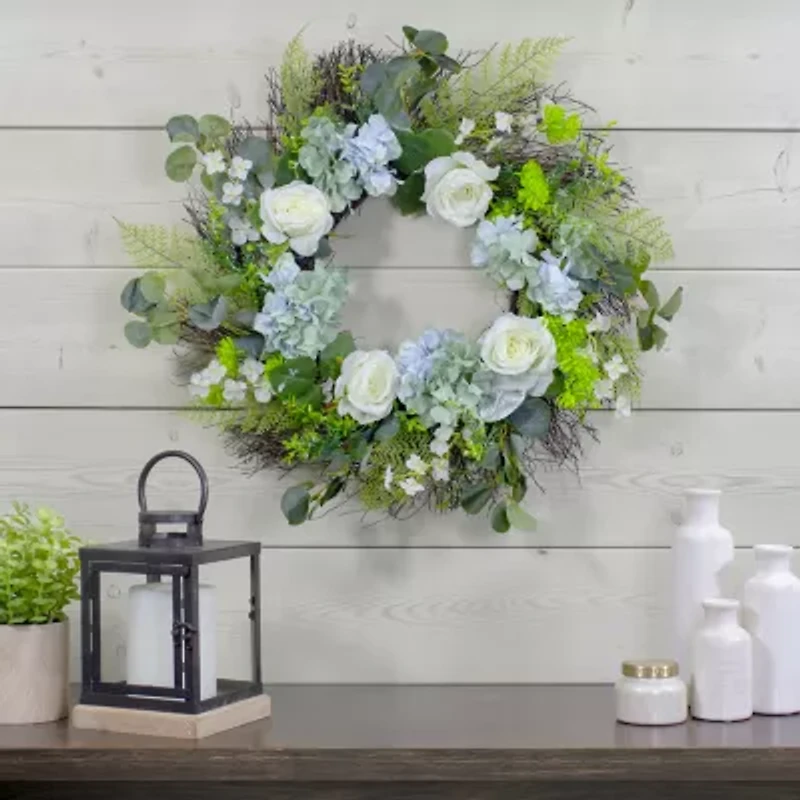 Northlight 24in Hydrangea Rose And Geranium White And Blue Wreath