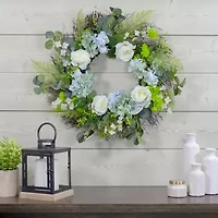 Northlight 24in Hydrangea Rose And Geranium White And Blue Wreath