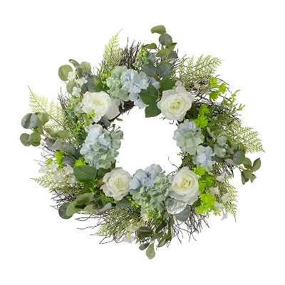 Northlight 24in Hydrangea Rose And Geranium White And Blue Wreath