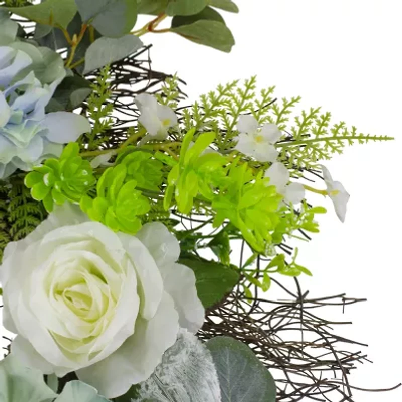 Northlight 24in Hydrangea Rose And Geranium White And Blue Wreath