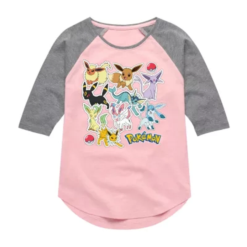 Little & Big Kid Girls Crew Neck 3/4 Sleeve Regular Fit Pokeman Graphic T-Shirt