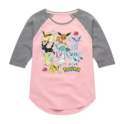 Little & Big Kid Girls Crew Neck 3/4 Sleeve Regular Fit Pokeman Graphic T-Shirt