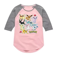 Little & Big Kid Girls Crew Neck 3/4 Sleeve Regular Fit Pokeman Graphic T-Shirt