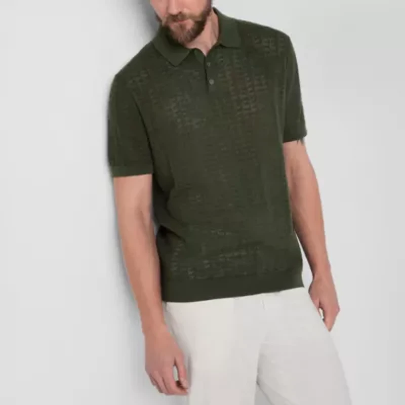 J. Ferrar Textured Mens Short Sleeve Button Polo Sweater